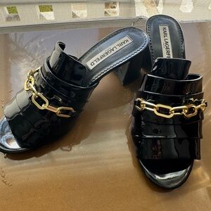 Karl Lagerfeld Glossy Black Mules with Gold Chain Accent